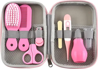 Produktbild von Baby-Pflegeset mit Haarbürste, Nagelknipser, Nasenreiniger, Finger-Zahnbürste, Schere, Neugeborenenpflege für Jungen und Mädchen, Rosa
