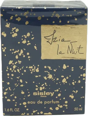 A dark blue box with gold speckles and text, representing a perfume product.