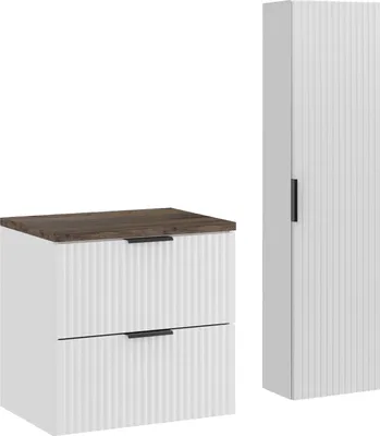 Image de Ensemble De Salle De Bain 60 Cm Blanc Mat, Meuble Sous Lavabo Avec Plan De Travail Et Colonne