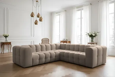 Produktbild von Ecksofa Designersofa SOLVIE XS in Stoff Tiffani Taupe Seite Universal