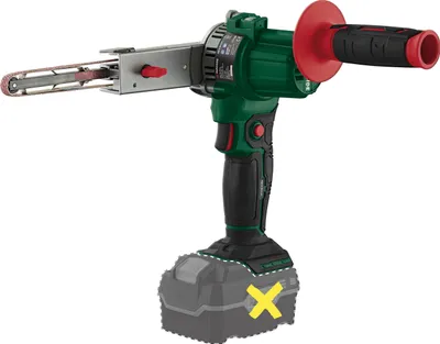 A cordless belt sander with a battery pack attached, shown against a white background.