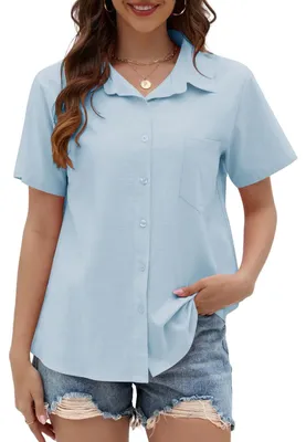 Produktbild von Bluse für Damen – Baumwolle und Leinen, kurze Ärmel, hellblau