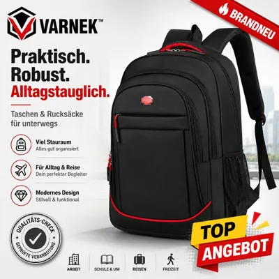 Produktbild von Varnek™ Explorer Rucksack Schwarz Rot, praktische Tasche für Alltag, Reise, Schule & Freizeit