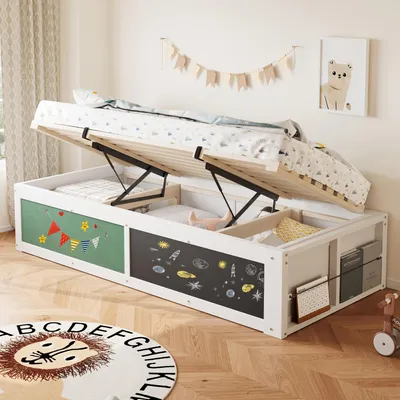 Produktbild von Flieks Hydraulisches Kinderbett 90x200cm mit Stauraum, Kinder Stauraumbett Kinderbett mit Tafel und Filzplatte, Hydraulikbett Einzelbett, Weiß