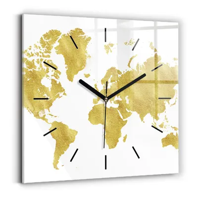 Produktbild von Wallfluent Wanduhr – Stilles Quarzuhrwerk - Uhr Dekoration Wohnzimmer Schlafzimmer Küche - Zifferblatt mit Striche - schwarze Zeiger - 30x30 cm - Goldene Weltkarte