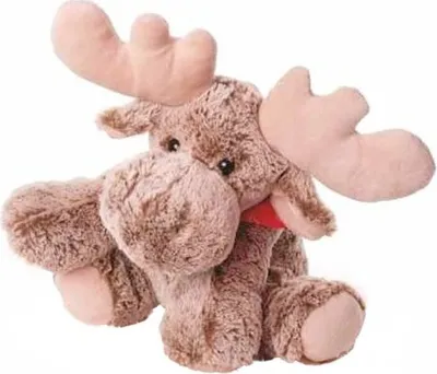 A plush toy moose sitting down.