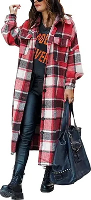 Produktbild von ASKSA Damen Kariertes Lange Hemdjacke Taschen Knöpfen Langarm Holzfällerjacke Mantel, A Rot, 2XL