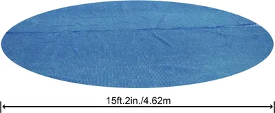 A blue, oval-shaped solar cover for a pool is shown laid flat. A measurement scale is displayed below the cover.