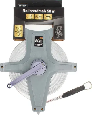 A tape measure is displayed against a white background, with its packaging visible at the top.