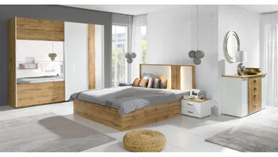 Image de Chambre complète WOOD avec lit 160 x 200 cm LED, armoire 250 cm, commode et chevets – Chêne et blanc
