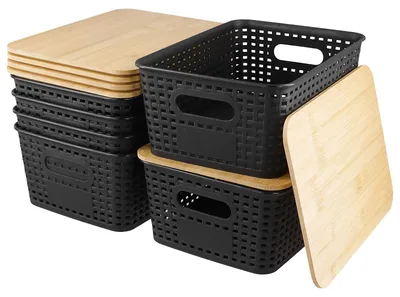 Aufbewahrungsboxen mit Bambusdeckel, 6 Stück, 25,3x18,4x10,5 cm, Schwarz