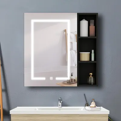 Produktbild von LED Spiegelschrank mit Seiteschrank 80x70cm 3 Lichtfarbe Dimmbar Rasier-Steckdose Touch/Wandschalter Beschlagfrei Hochglanz Schwarz