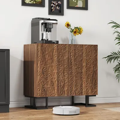 Produktbild von Sideboard Kommode 80×40×78 cm – "Blattpoesie" Serie–Dunkle Walnussoptik mit Blattrelief–Push-to-Open Türen, Metallfüße–Modernes Design für Wohnzimmer & Flur