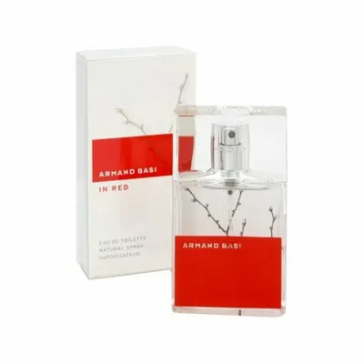 A bottle of Armand Basi In Red eau de Toilette for women and its packaging are displayed against a white background.