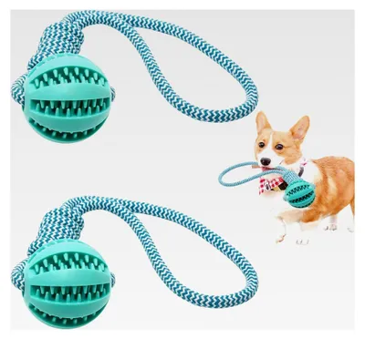 Produktbild von Hundespielzeug, 2 Stück, Gummi-Hundebälle mit Seil, Leckerli-Ballspender für Hunde, Zahnreinigung, Kauen, Spielen, interaktives Spielzeug für kleine und mittelgroße Hunde