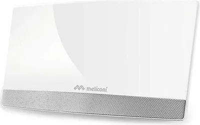 A white indoor TV antenna with a silver mesh base.