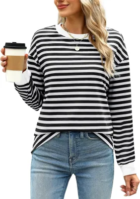 Produktbild von ASKSA Damen T-Shirt Rundhals Langarm Shirts Gestreift Basic Elegant Casual Lose Frauen Tunika Oberteile (Schwarz,L)