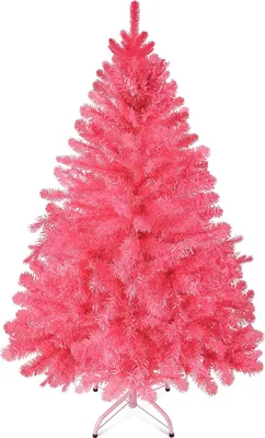 A pink artificial Christmas tree on a white background.