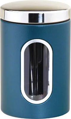 A blue storage container with a silver lid and a clear window.