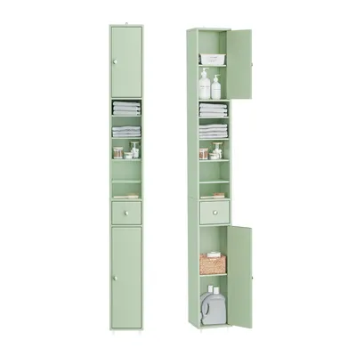 Two tall, narrow bathroom cabinets are shown side-by-side against a white background. The cabinet on the left is closed, while the cabinet on the right has its doors open, revealing its contents.