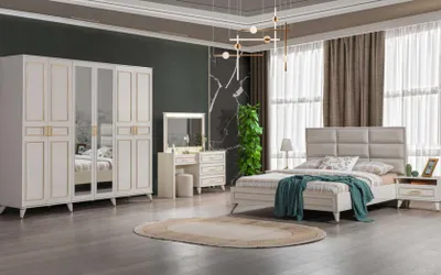 Zdjęcie produktu dla Sypialnia Designerskie łóżko podwójne Luksusowa toaletka Elegancki taboret 7 szt