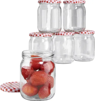 Produktbild von Haushalt International Schraubdeckelglas 540ml 82mm TO-Deckel kariert, transparent/weiß/rot (6er Pack)