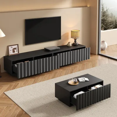 Immagine prodotto di okwish: Set di mobili per il soggiorno, comprensivo di mobile TV e tavolino, design a onde, mobile TV basso con cassetti, ampio spazio di archiviazione, colore nero