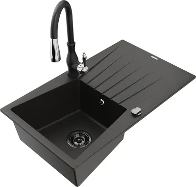 Produktbild von Mexen Cesar 1 Becken-Granitspüle mit Abtropffläche und Mischbatterie Savita, Schwarz/Gold metallisch - 6514-75-672601-70-B