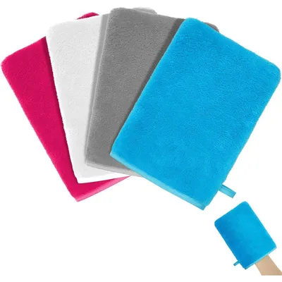 Productafbeelding van Wasmittens, set van 4, van koraalzacht materiaal, herbruikbaar. Gezichtswasdoekjes, 20x15 cm. Kleuren: grijs/wit/blauw/roze