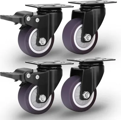 Produktbild von Unyqoos® Möbelrollen Set 4 – 50 mm, 2x mit Bremse & 2x ohne, TPE‑Gummi Lauffläche, 360° Lenkrollen, 60 kg Tragkraft/Stück, Gesamt 180 kg, leise, violett