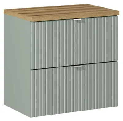 Immagine prodotto di Set da bagno ELVINA 60cm: mobile sotto lavabo con cassetti verde salvia grigio + piano per lavabo effetto legno scuro