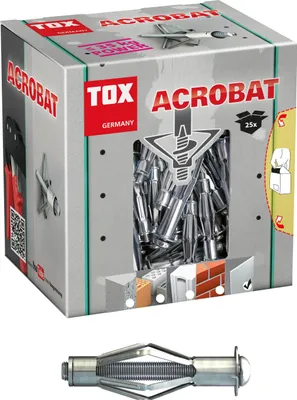 A box of TOX Acrobat M6/52 KT metal hollow wall anchors, with one anchor shown separately below the box.