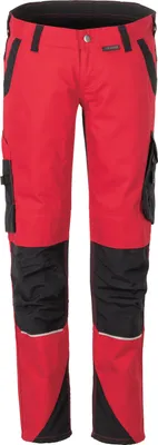 A pair of red and black work pants displayed against a white background.