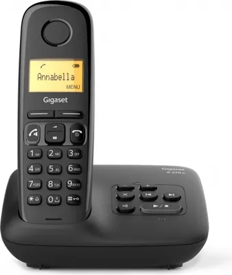 A black cordless phone and its charging base are shown against a white background.