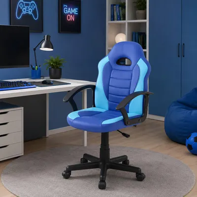 Produktbild von Gaming-Stühl Dfaraon, Kinder-Gaming-Sessel, Schreibtischstuhl, 56x55h89/100 cm, Blau und hellblau