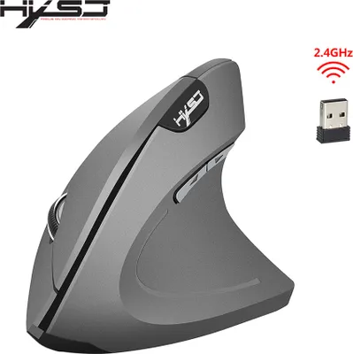 A gray vertical ergonomic wireless mouse with a USB receiver and 2.4GHz branding.