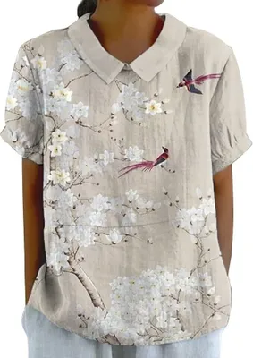 Produktbild von Bluse Damen Sommer, Elegant Leinenbluse Einfarbig Blusenshirt Revers Rundhals Leinenhemd Blumendruck Oberteile Lose Pullover