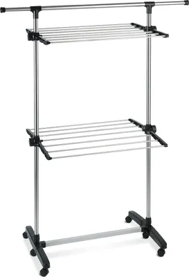 A two-tiered drying rack with wheels.