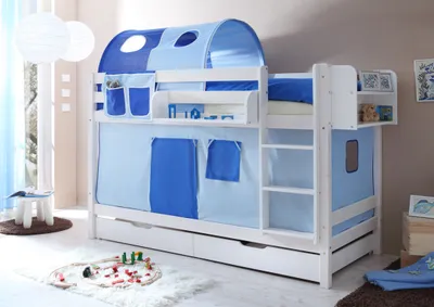 Produktbild von Etagenbett "Marcel" Kiefer weiß Classic (Hellblau-Dunkelblau)
