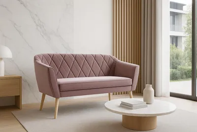 Produktbild von GUTTO Sofa 2 Sitzer Velour-- KARO -- Rosa Sitzbank aus Samt hohe Holzfüße Sofa im skandinavischen Stil - schöne, moderne Steppung