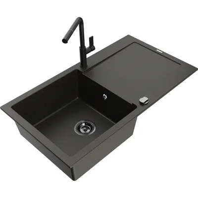 Zdjęcie produktu dla Mexen Leo zlewozmywak granitowy 1-komorowy z ociekaczem i baterią kuchenną Flora, czarny/złoty metalik - 6501-75-670401-70-B