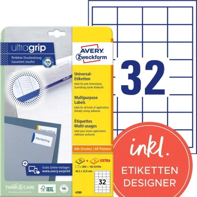 Produktbild von Avery Zweckform 4789 Universal-Etiketten, A4 mit ultragrip, 48,3 x 33,8 mm, 960 Etiketten/30 Bogen, weiß