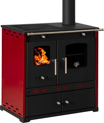 A red and black wood-burning stove with a chimney.