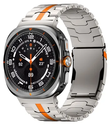 A close-up studio shot of a smartwatch with a metal band.