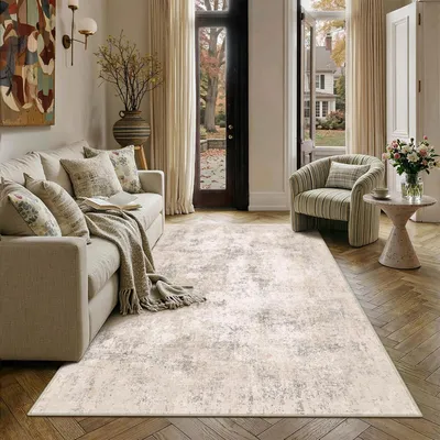 Zdjęcie produktu dla Dywan do salonu, 160x230 cm, kolor kremowy, abstrakcyjny wzór, możliwość prania, krótki włos, prostokątny