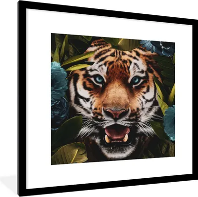 Produktbild von MuchoWow® MuchoWow® Gerahmtes Poster Tiger - Dschungel - Blumen 40x40 cm - Poster mit zchwarzem Bilderrahmen - Poster - Plakat im Rahmen