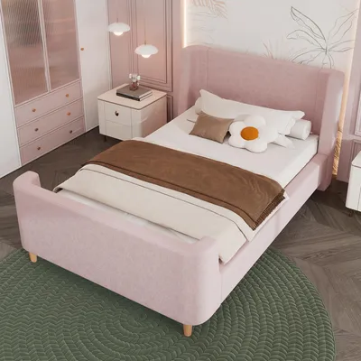 Produktbild von okwish Kinderbett mit kosmischem Muster 90x200cm Polsterbett Schlittenbett Jugendbett Bettgestell,Samt,Rosa,mit Matratze