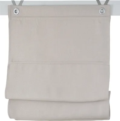 A close-up view of a cream-colored Roman blind hanging from a white curtain rod.
