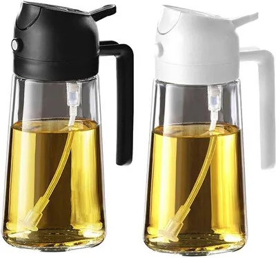 Image de Vaporisateur à huile d'olive de 470 ml – Bouteille d'huile d'olive de 470 ml – Distributeur et vaporisateur 2-en-1 – Accessoires de cuisine pour salades et grillades, en noir et blanc