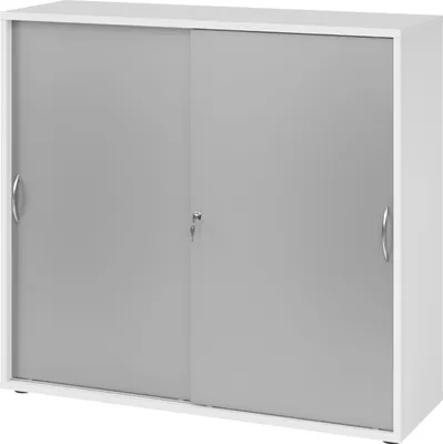Produktbild von bümö Schiebetürenschrank office - 3 Ordnerhöhen - Nachbildung: Weiß/Silber, Griff: Bogengriff (Metall)